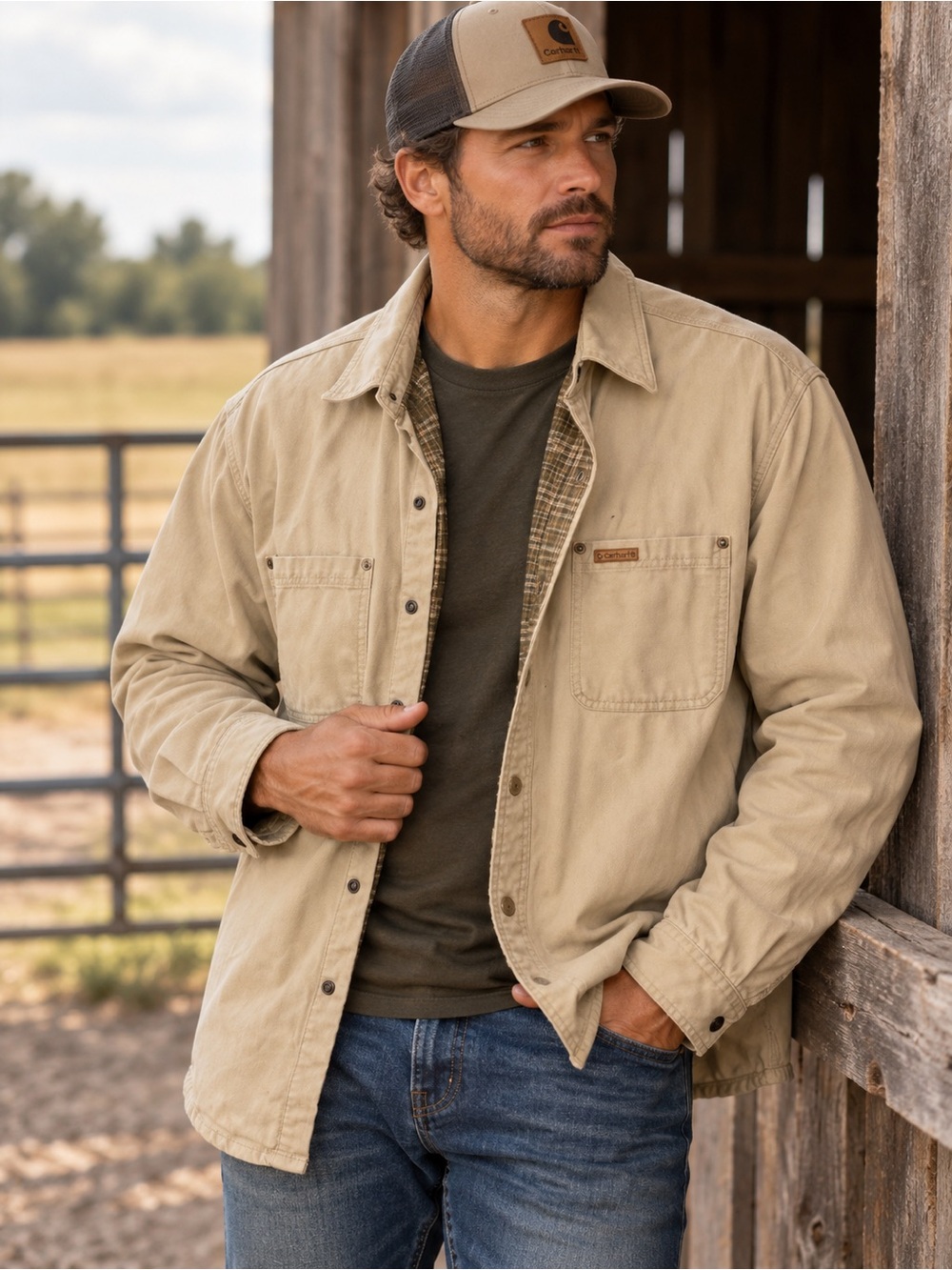 Carhartt Men’s Plaid Lined Canvas Shirt Jacket Shacket Tan Beige Size M